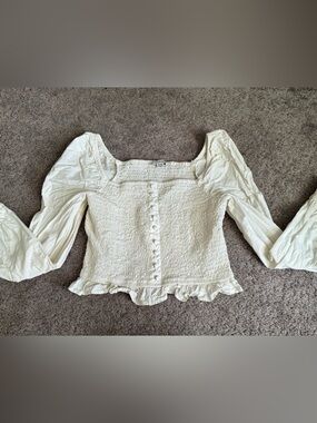 American Eagle Outfitters White Smocked Puff Sleeve Button-Front Top